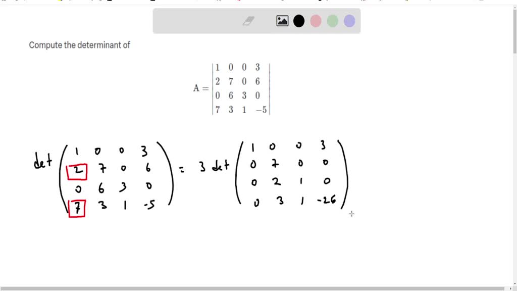 Compute the determinant of
$$
\mathrm{A}=\left|\begin{array}{llll}1 & 0 & 0 & 3 \\ 2 & 7 & 0 & 6 \\ 0 & 6 & 3 & 0 \\ 7 & 3 & 1 & -5\end{array}\right|
$$