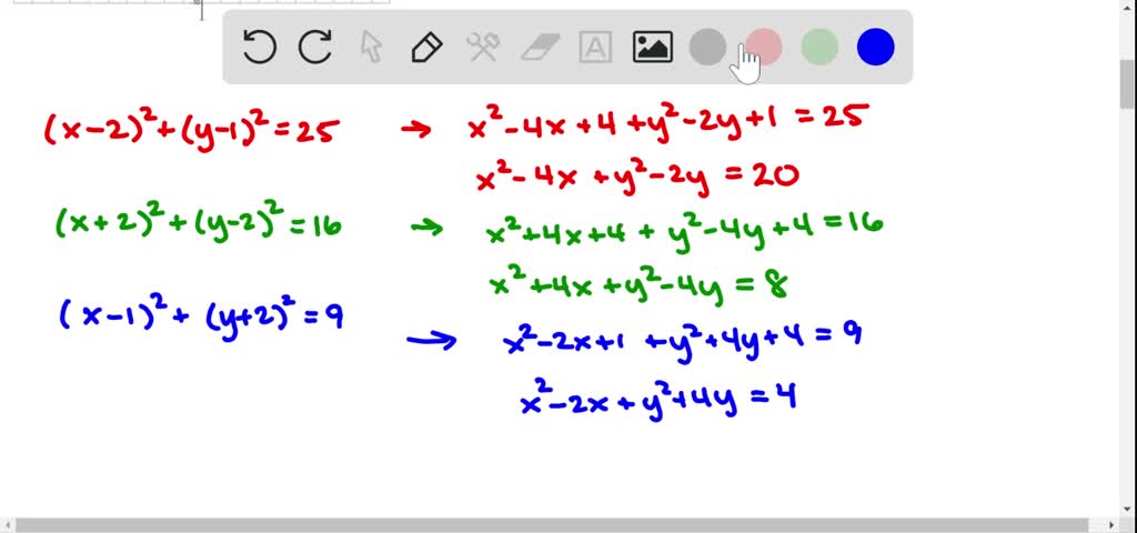 Solve each problem. To visualize the situation, use graph paper and a pair of compasses to carefully draw the graphs of the circles.
The locations of three receiving stations and the distances to the epicenter of an earthquake are contained in the following three equations: $(x-2)^{2}+(y-1)^{2}=25$ $(x+2)^{2}+(y-2)^{2}=16,$ and $(x-1)^{2}+(y+2)^{2}=9 .$ Determine the location of the epicenter.