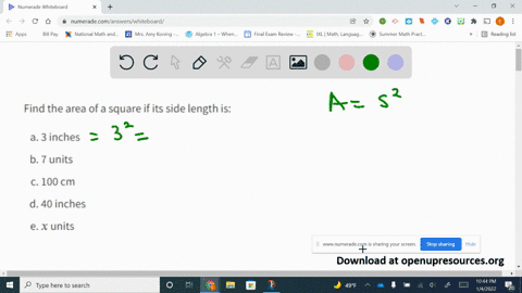 find-the-area-of-a-square-if-its-side-length-is-a-3-inches-b-7-units-c-100-mathrmcm-d-40-inches-e-x-