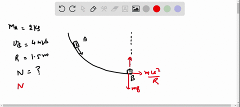the-small-2-kg-block-a-slides-down-the-curved-path-and-passes-the-lowest-point-b-with-a-speed-of-4-m