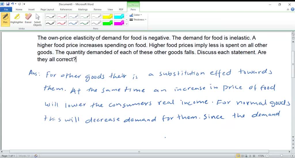 SOLVEDThe ownprice elasticity of demand for food is negative. The demand for food is inelastic
