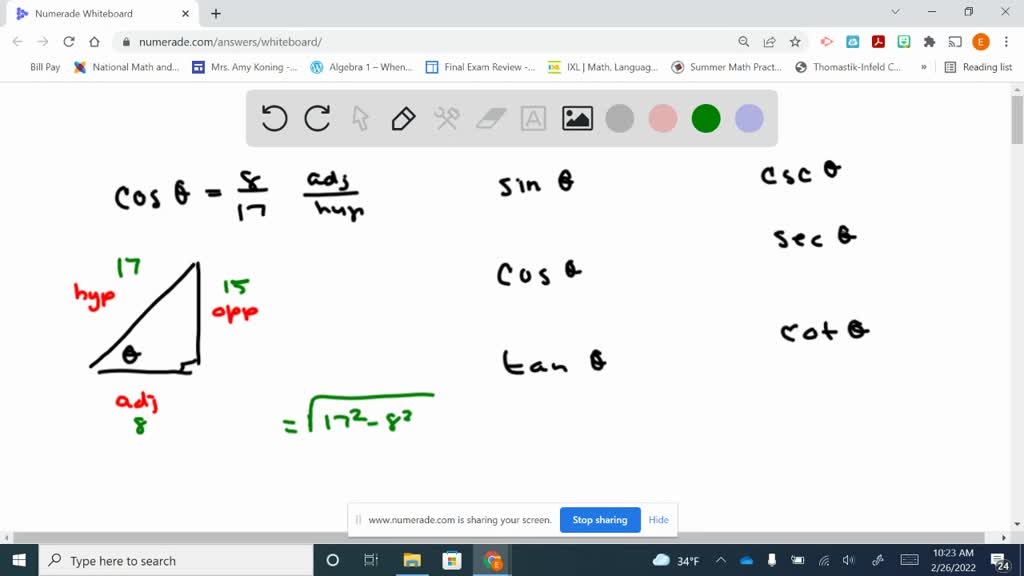 Find the values of cosθand tanθ, given sinθ=(8)/(17) and θin quadrant I ...