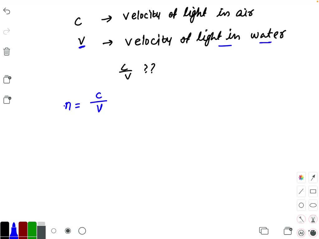 Borgmester bede præst SOLVED:If c and v represent velocity of light in air and water, then  (c)/(v) represents (a) frequency of light (b) wavelength of light (c)  refractive index of water (d) reciprocal of refractive