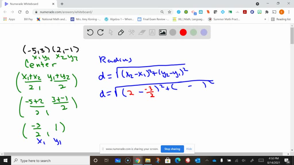 SOLVED:The endpoints of a diameter of a circle are shown. Find the ...