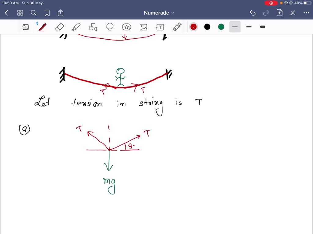 A 63 -kg tightrope walker stands in the middle of a rope. Her weight makes the rope sag, with each half at a $9.5^{\circ}$ angle to the horizontal. (a) Make a force diagram for the walker. (b) Find the rope tension.