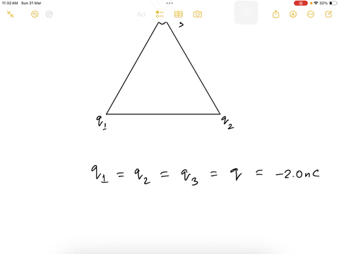a-triangle-with-equal-sides-of-length-10-mathrmcm-has-20-mathrmnc-charged-objects-at-each-corner-det