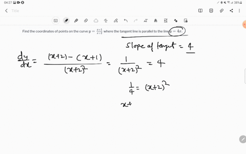 find-the-coordinates-of-points-on-the-curve-yfracx1x2-where-the-tangent-line-is-parallel-to-the-li-4