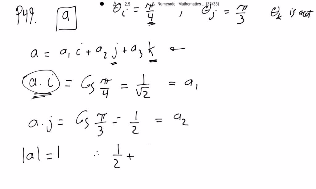 SOLVED:A unit vector a makes an angle (π)/(4) with i and (π)/(3) with i ...