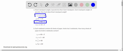 select-all-the-equations-that-describe-each-situation-and-then-find-the-solution-a-kirans-backpack-w