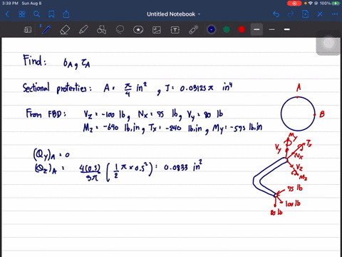 the-1-in-diameter-rod-is-subjected-to-the-loads-shown-determine-the-state-of-stress-at-point-a-and-s