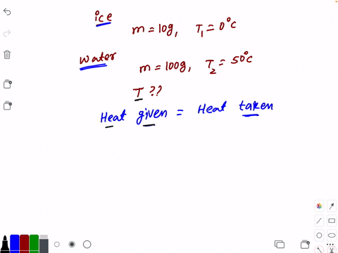 10-mathrmg-of-ice-at-0circ-mathrmc-is-mixed-with-100-mathrmg-of-water-at-50circ-mathrmc-in-a-calorim