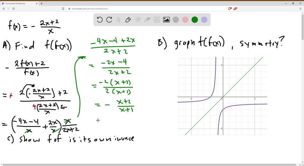 SOLVED:Let f(x)=-(2 x+2)/(x) (a) Find f[f(x)] (b) Use a graphing ...