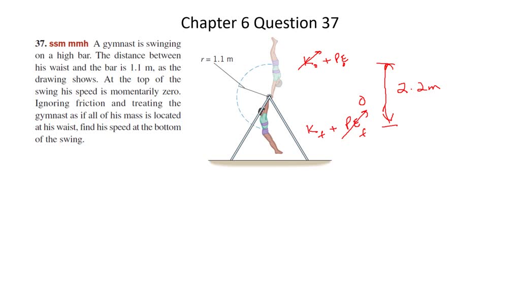 A gymnast is swinging on a high bar. The distance between his waist and