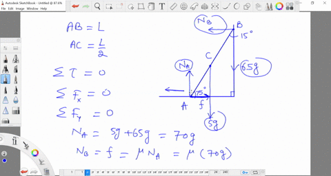 a-uniform-50-mathrmkg-ladder-is-leaning-against-a-frictionless-vertical-wall-with-which-it-makes-a-1