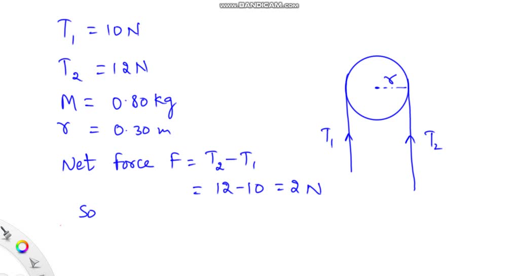 A frictionless pulley, which can be modeled as a 0.80 kg solid cylinder