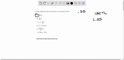 select-all-expressions-that-show-x-increased-by-35-a-135-x-b-frac35100-x-c-xfrac35100-x-d-1035-x-e-f