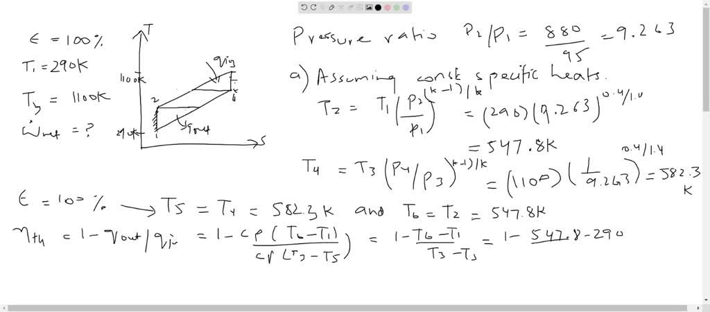 A stationary gas-turbine power plant operates on an ideal regenerative Brayton cycle $(\epsilon=100$ percent $)$ with air as the working fluid. Air enters the compressor at $95 \mathrm{kPa}$ and $290 \mathrm{~K}$ and the turbine at $880 \mathrm{kPa}$ and $1100 \mathrm{~K}$. Heat is transferred to air from an external source at a rate of $30,000 \mathrm{~kJ} / \mathrm{s}$. Determine the power delivered by this plant $(a)$ assuming constant specific heats for air at room temperature and ( $b$ ) accounting for the variation of specific heats with temperature.