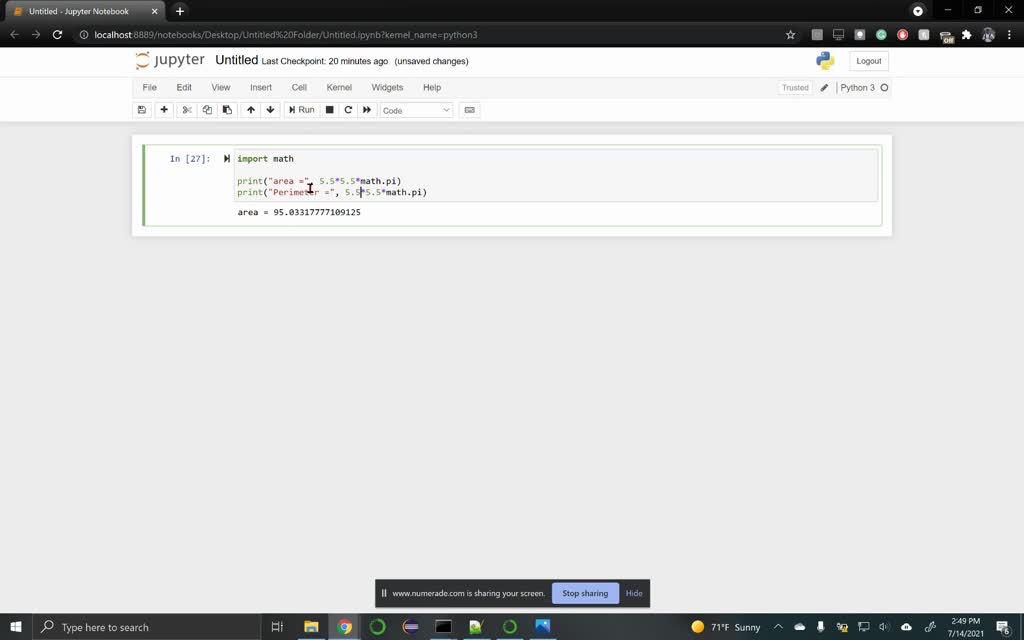 (Area and perimeter of a circle) Write a program that displays the area ...