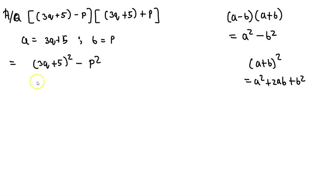 SOLVED:Find each product. [(3 q+5)-p][(3 q+5)+p]