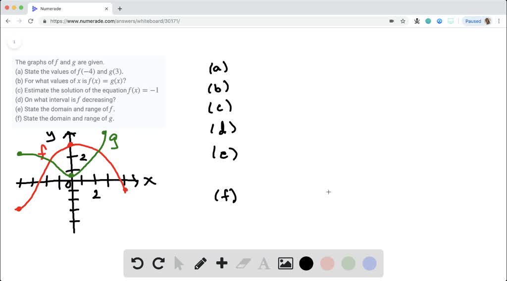 Solved The Graphs Of F And G Are Given A State The Values Of F 4 And G 3 B For What Values Of X Is F X G X C Estimate The Solution Of The