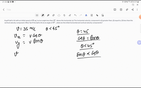 a-golf-ball-is-hit-with-an-initial-speed-of-35-mathrmm-mathrms-at-an-angle-less-than-45circ-above-th