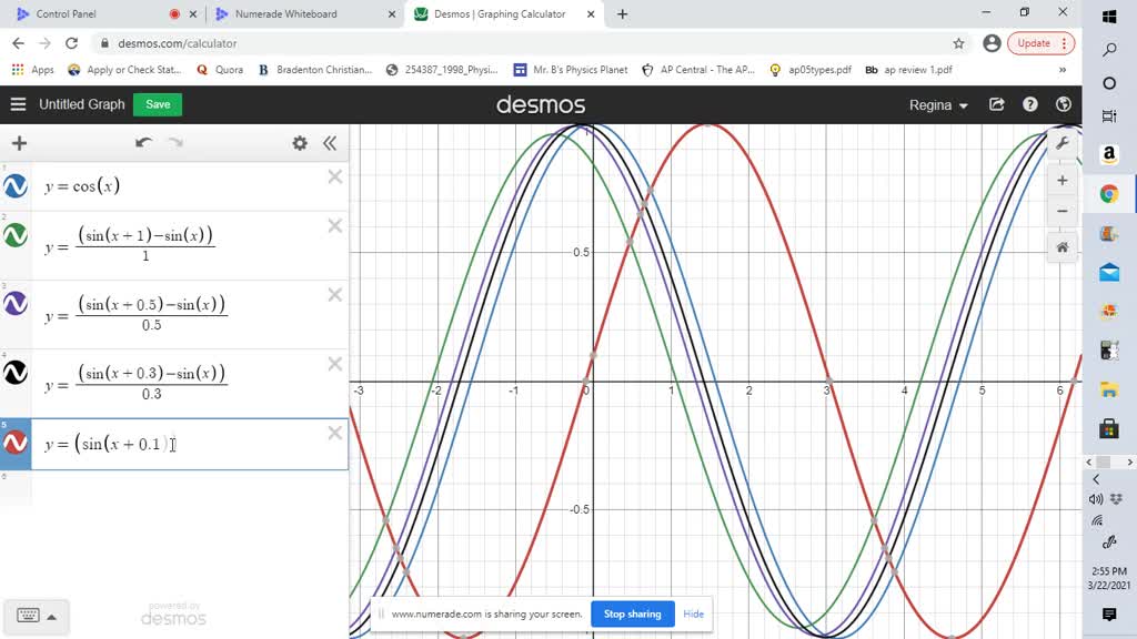 SOLVED:Graph y=cosx for -π≤x ≤2 π. On the same screen, graph y=(cos(x+h ...