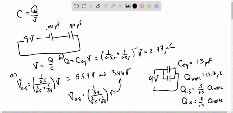 a-050-mu-mathrmf-and-a-080-mu-mathrmf-capacitor-are-connected-in-series-to-a-90-v-battery-calculate-