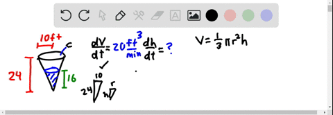a-conical-water-tank-with-vertex-down-has-a-radius-of-10-mathrmft-at-the-top-and-is-24-mathrmft-high