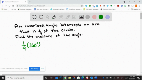 an-inscribed-angle-intercepts-an-arc-that-is-frac19-of-the-circle-find-the-measure-of-the-inscribed-