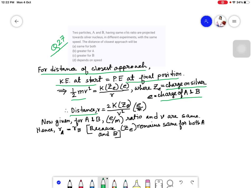 SOLVED:Two particles, A and B, having same e / m ratio are projected ...