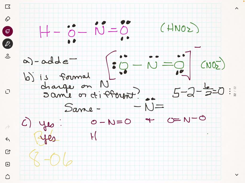 Lewis structures for the nitrous acid molecule, HNO2