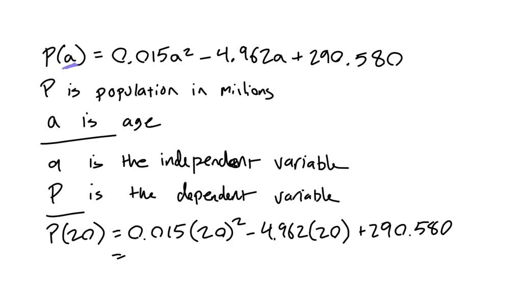 SOLVED: The function P(a)=0.015 a^2-4.962 a+290.580 represents the ...