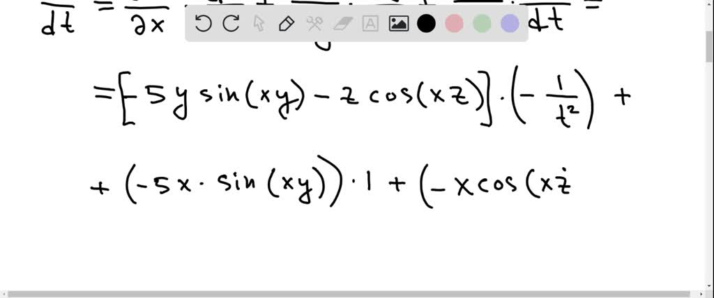 Use an appropriate form of the chain rule to find $d w / d t$.
$$w=5 \cos x y-\sin x z ; x=1 / t, y=t, z=t^{3}$$