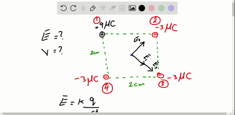 find-the-electric-field-and-the-potential-at-the-center-of-a-square-of-side-20-mathrmcm-with-a-charg