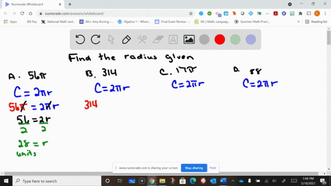 find-to-the-nearest-hundredth-the-radius-of-a-circle-whose-circumference-is-a-56-pi-b-314-c-17-pi-d-