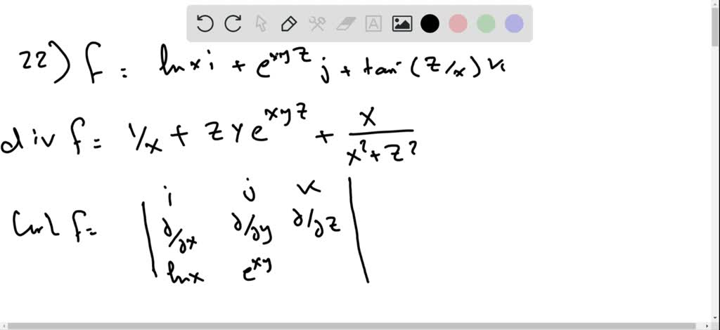 SOLVED:Find div F and curl F. 𝐅(x, y, z)=lnx 𝐢+e^x y z 𝐣+tan^-1(z / x) 𝐤