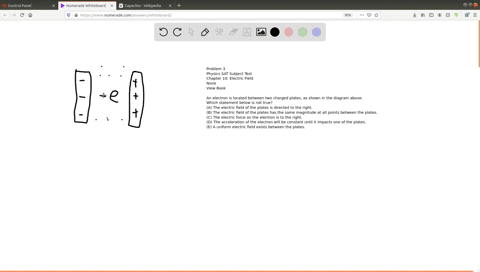 an-electron-is-located-between-two-charged-plates-as-shown-in-the-diagram-above-which-statement-belo