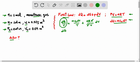 one-mole-of-an-ideal-monatomic-gas-initially-at-a-pressure-of-100-atm-and-a-volume-of-00250-mathrmm3