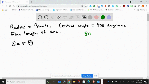 on-a-circle-of-radius-9-miles-find-the-length-of-the-arc-that-subtends-a-central-angle-of-800-degree