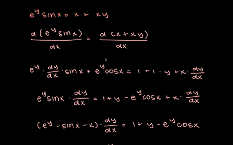 find-dydx-by-implicit-differentiation-ey-sin-x-x-xy