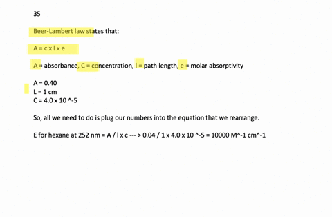 a-40-times-10-5-mathrmm-solution-of-a-compound-in-hexane-shows-an-absorbance-of-040-at-252-mathrmnm-