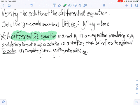 verify-the-solution-of-the-differential-equation-solution-y-cos-x-ln-sec-xtan-x-differential-equatio