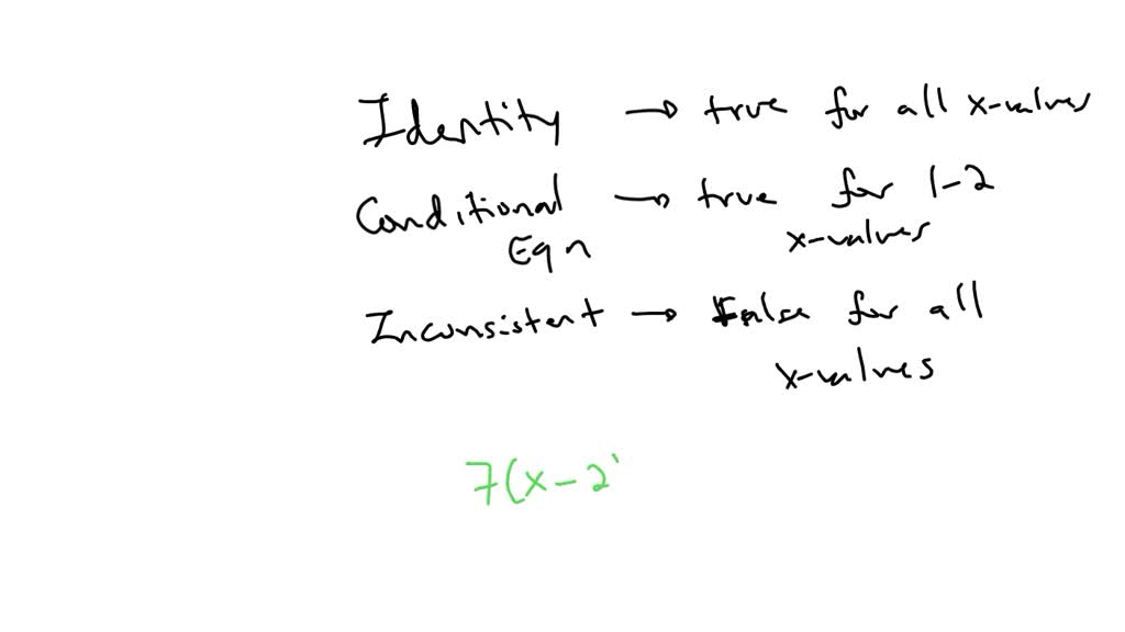 SOLVED:Solve and determine whether the equation 7(x-2)+5=7 x-9 is an ...