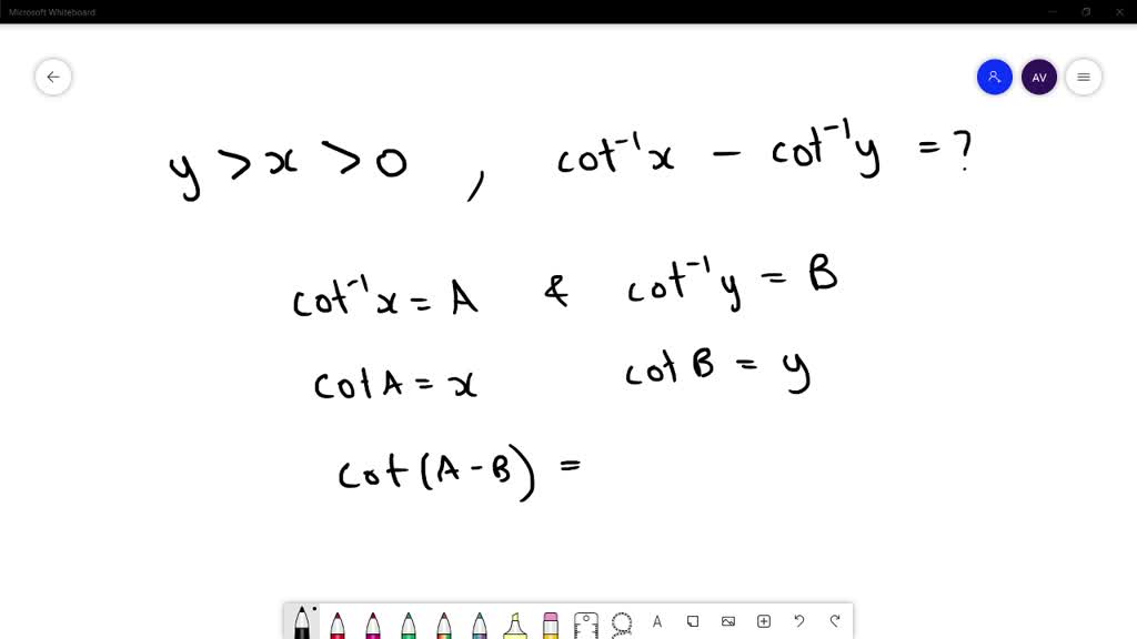 SOLVEDWhen y>x>0, cot^1 xcot^1 y is equal to (a) cot^1((1x y)/(y