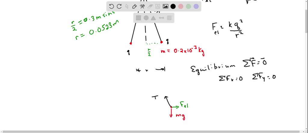 Two small metallic spheres, each of mass $0.20 \mathrm{~g}$, are suspended as pendulums by light strings from a common point as shown in Figure P15.15. The spheres are given the same electric charge, and it is found that they come to equilibrium when each string is at an angle of $5.0^{\circ}$ with the vertical. If each string is $30.0 \mathrm{~cm}$ long, what is the magnitude of the charge on each sphere?