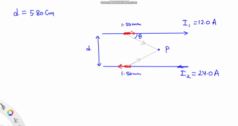 -two-parallel-wires-are-580-mathrmcm-apart-and-carry-currents-in-opposite-directions-as-shown-in-fig