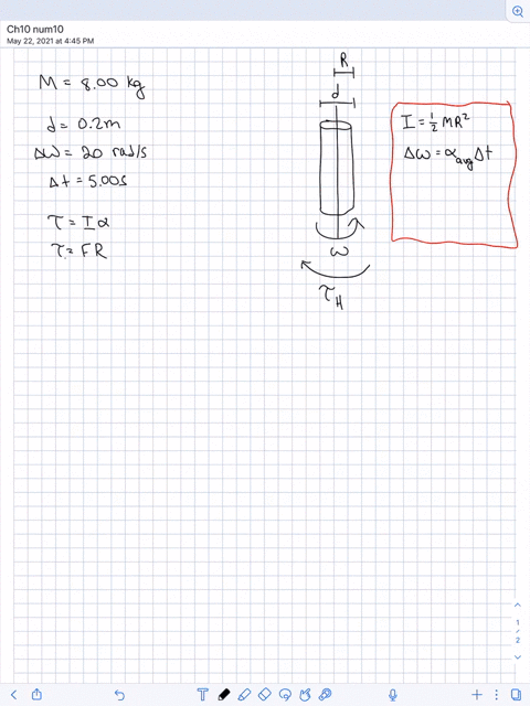 a-solid-uniform-cylinder-with-mass-800-mathrmkg-and-diameter-020-mathrmm-is-spinning-at-20-mathrmrad