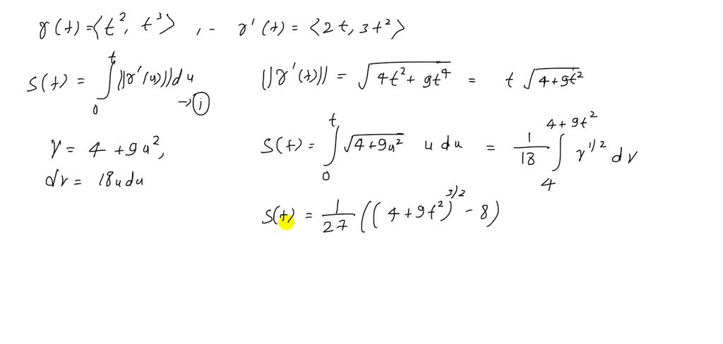 Find an arc length parametrization of the curve parametrized by $\mathbf{r}(t)=\left\langle t^{2}, t^{3}\right\rangle$.