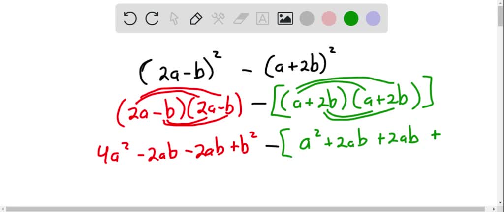 SOLVED:Perform the indicated operations and simplify. (2 a-b)^2-(a+2 b)^2