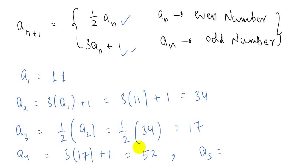 Find the first 40 terms of the sequence defined by an+1={ (1)/(2) an if ...